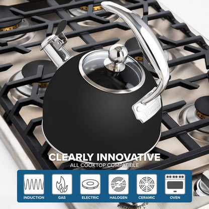 Viking 3-Ply Stainless Steel Tea Kettle, 2.6 Quart Stovetop Hot Water Pot with Tempered Glass Lid, Ergonomic Handle, Induction Ready, Matte Black