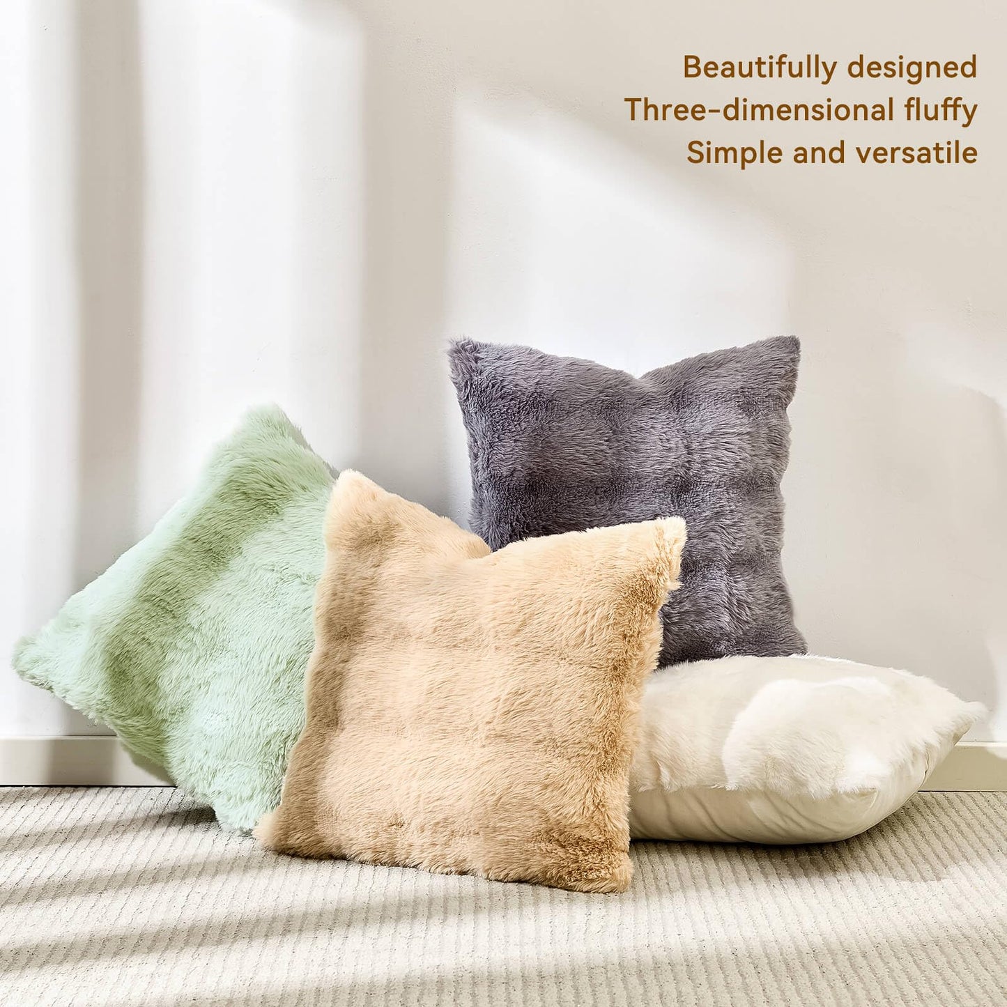 AmHoo Pack of 2 Throw Pillow Covers 3D Dense Faux Rabbit Fur Cozy Super Soft Fuzzy Set Case Cushion for Couch Sofa Bedroom 18 x 18-Inch Cream White