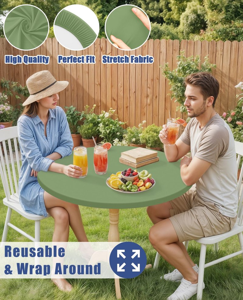 Moosfor Round Spandex Tablecloth, Elastic Fitted Waterproof Tablecloths for 42"-50" Tables, Stretch Washable Picnic Table Cover for Camping, Dining, Indoor and Outdoor, Sage Green
