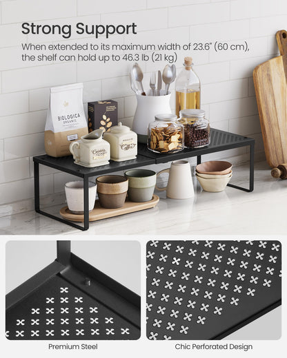 SONGMICS Set of 2 Expandable Pantry Kitchen Organizers, Adjustable Spice Rack, Stackable Cabinet Organizers, Metal, Space-Saving Tabletop Shelves, Matte Black UKCS402B01