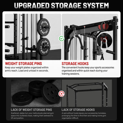 JELENS Smith Machine for Home Gym, Multi-Function M12 Power Cage, Squat Rack with Smith Bar and More Attachment (Black, 230LB Black Weights Package)