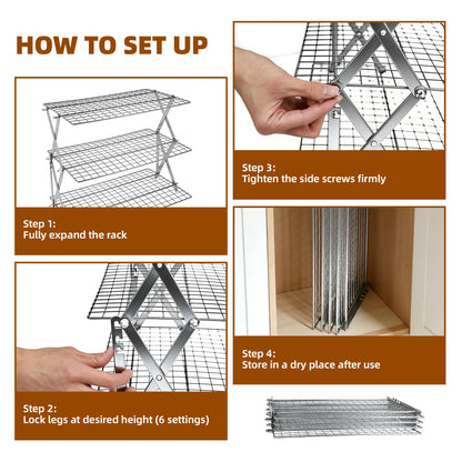 3 Tier Collapsible Cooling Rack with Adjustable 6 Setting Design stackable wire rack for baking sheet for Cookies Baking Gifts for Women (Silver, 3-Tier)