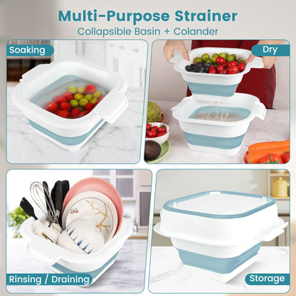 ROTTOGOON Collapsible Colander Set with Strainer Bowl, 2 in 1 Fruit Washing Basket with Strainer, 5 + 3 QT Plastic Colanders for Kitchen, Foldable Double Layered Colanders Bowl for Vegetable, Grey