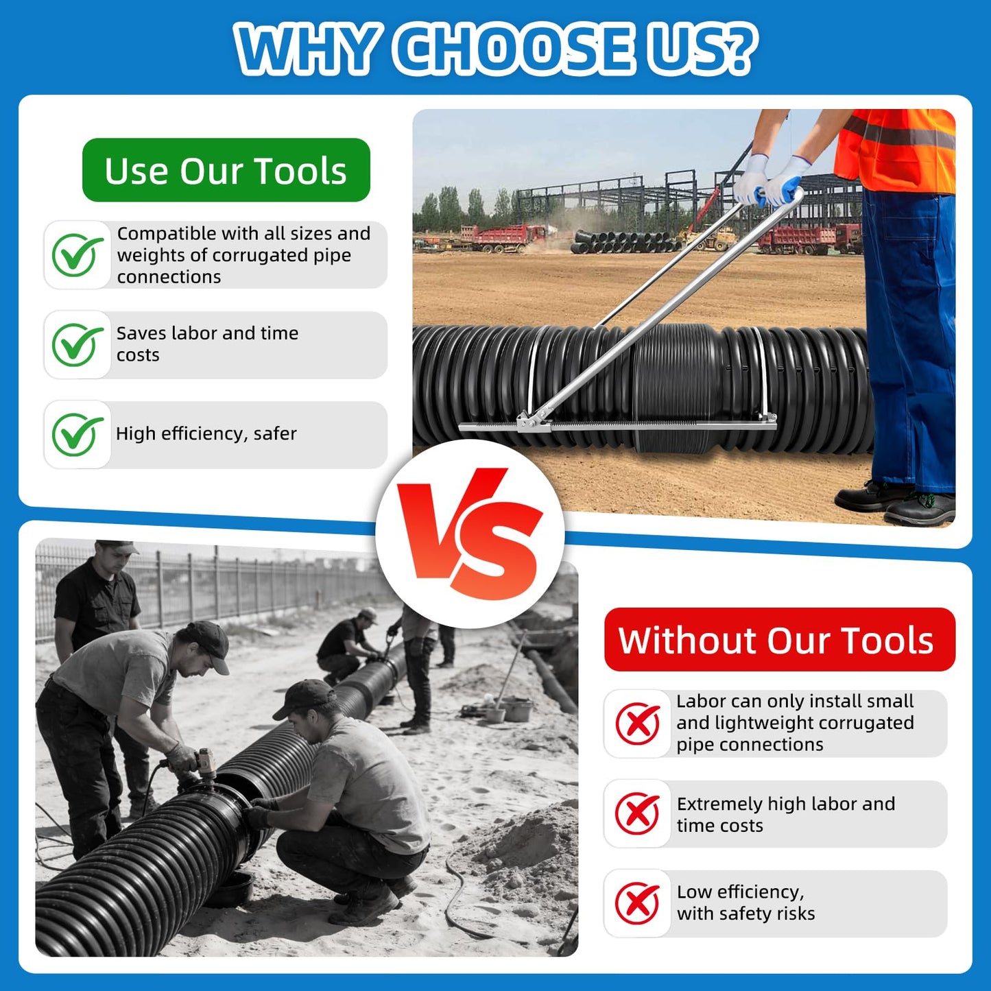 HDPE Corrugated Pipe Tensioner Tool – Universal Docking Kit for 8-24 Inch (DN200-600mm) | Quick & Secure Clamping for One-Person Pipe Alignment in Drainage, Sewer & Electrical Conduit