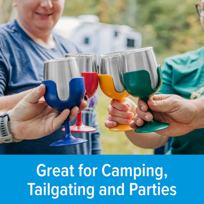 Camco Life is Better at The Campsite Stainless Steel Wine Tumbler 4-Pack - Features Heavy Duty Double Wall Vacuum Insulation & Removable Navy, Red, Green & Yellow Stems - Holds 8-oz Each (53465)