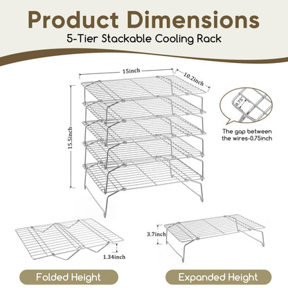 Herogo 5-Tier 15" x 10" Cooling Rack, Stainless Steel Baking Rack for Cookies, Cupcakes, and Pastries, Collapsible Space-Saving Design, Dishwasher Safe, Ideal for Baking, Roasting, and Drying