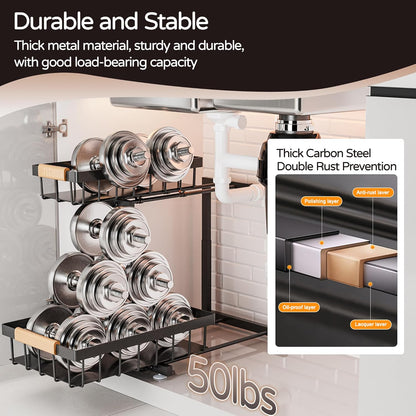 ADBIU Under Sink Organizer, 2 Pack 2 Tier Expandable Height (13.2" - 17.2") Pulling Out Kitchen Bathroom Cabinet Organizers