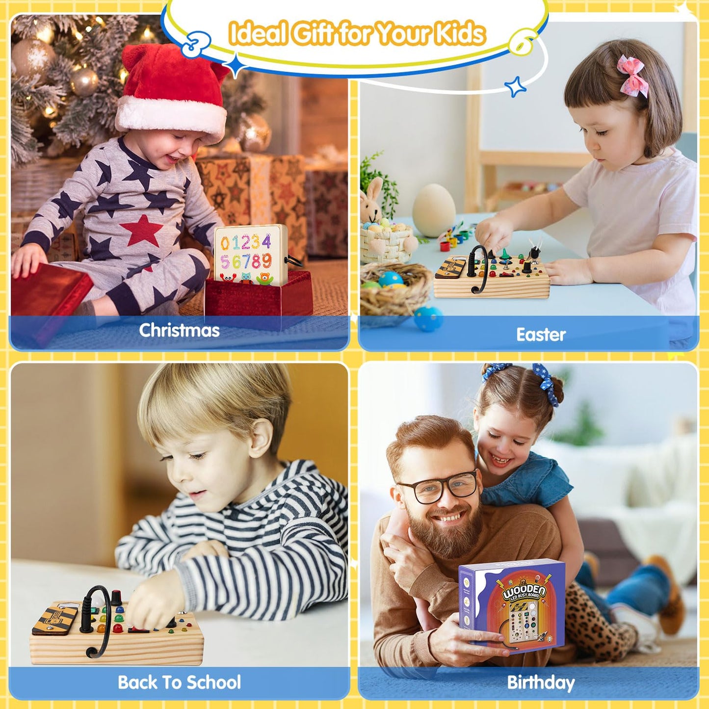 Sabdrau Montessori Busy Board Toys: Wooden Sensory Toy for Toddler with LED Light Up Switch, Educational/Christmas/Birthday Gifts for 1-3 Year Old Boys & Girls