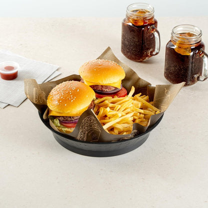 Restaurantware Round Serving Baskets 10 Pack of 10.47 x 2.17 Inch with Base Drainage Slots Microwavable Dishwashable Stackable Plastic Black Food Serving Trays for Restaurants and Catering