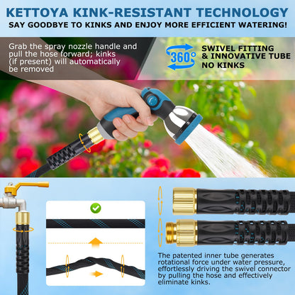 KETTOYA Non-Expanding Garden Hose 100 ft, Kink Free Flexible Water Hose with 10-Pattern Spray Nozzle, Lightweight Hose Pipe, Leak Proof, 3/4" Swivel Connectors, Super Fabric, Portable Storage Strap