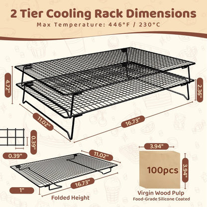 Vehookin 2 Tier Stackable Cooling Rack for Cooking and Baking, Wire Rack for Baking Sheet w/100 Parchment Papers, 16.7" x 11" Cookie Cooling Rack for Pizza, Bread,Cake,Veggie,Jerky, Drying Baking Rack