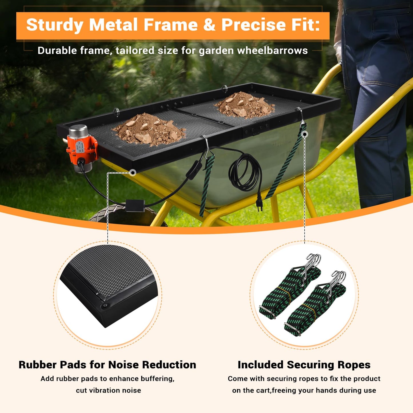 Soil Sifter with 30W Motor, Metal Sifter for Rocks with Switch & Noise-Reducing Rubber Pads, Automatic 39" x 19.5" Large Compost Screen Sieve for Sand-Idea for Most Wheelbarrow Carts (Not Included)