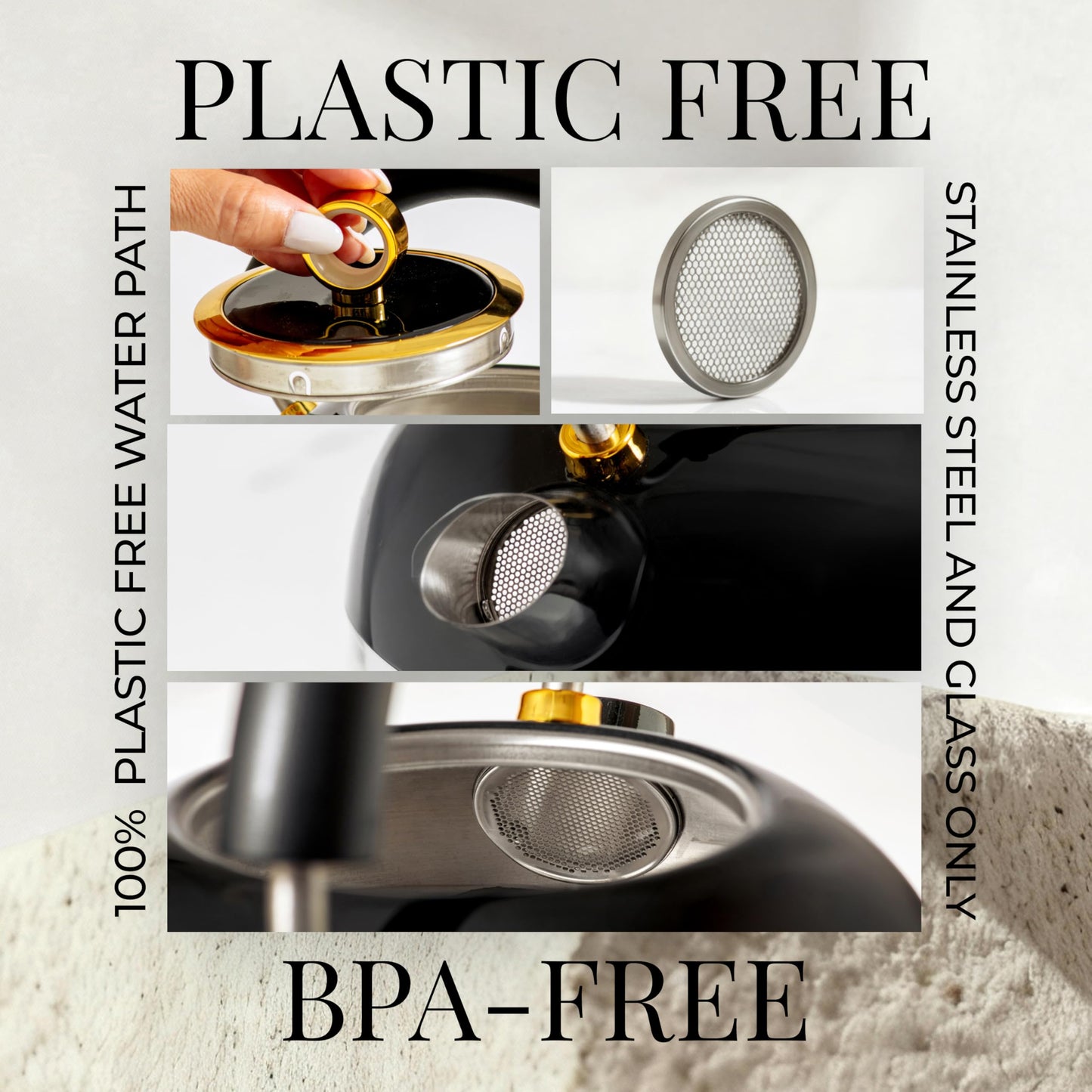 Glass Electric Kettle No Plastic, Stainless Steel, Auto Shut Off and Keep Warm Function - Black and Gold Tea Kettle with Temperature Control – 1500W Fast Hot Water Boiler for Coffee and Tea