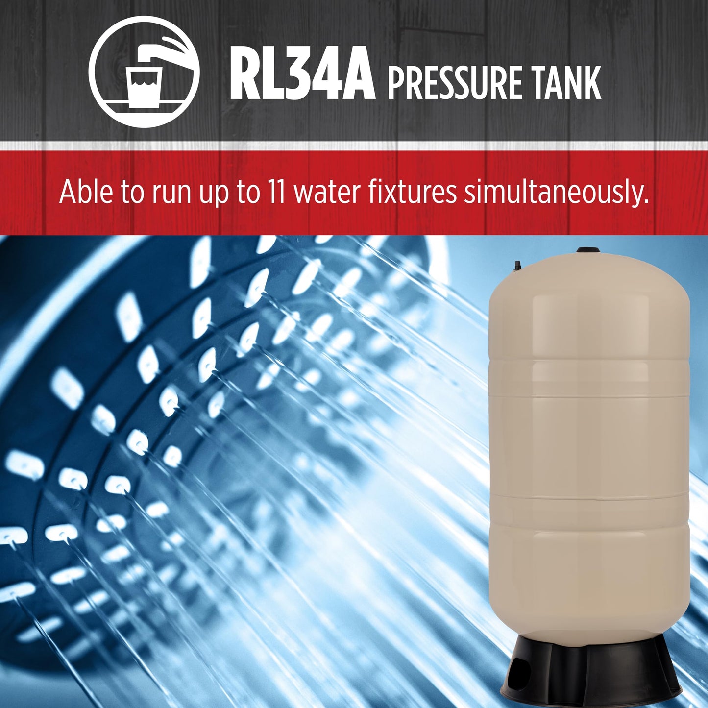 Red Lion RL34A 34-Gallon Vertical Pre-Charged Pressure Tank with Thermoplastic Base for Well Pumps, 1-Inch FNPT System Connection, Almond, 604683