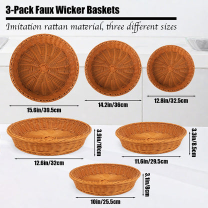 Round Wicker Basket, 3 Pack Rattan Food Serving Baskets Wicker Bread Basket For Fruit, Vegetables, Breakfast, Drinks, Snacks, Dining Coffee Table, 15.5, 13.8, 11.8 Inches (Brown)