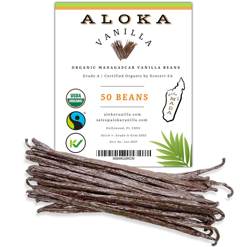 50 Count Organic Madagascar Vanilla Beans – Grade A Bourbon Pods | Gourmet Whole Vanilla Beans for Baking, Cooking, Extract Making | Rich Aroma, Premium Flavor, Non-GMO, Vegan