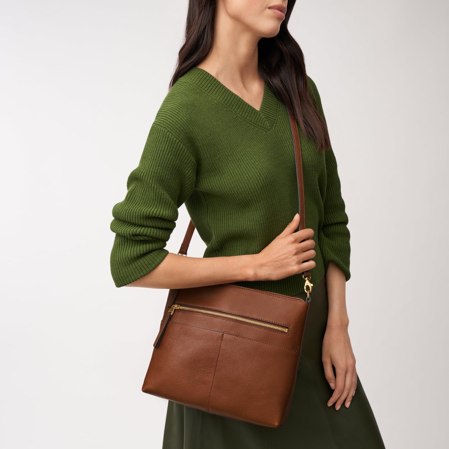 Fossil Women's Fiona Leather Large Crossbody Purse Handbag, Brown (Model: ZB7669200)