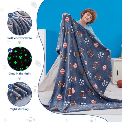 QSTEHEML Soccer Glow in The Dark Blanket,Football Gifts Toys for Kids Boys Age 3-12 Years Old, Birthday Gifts Luminous Sports Throw Blanket 50"×60"