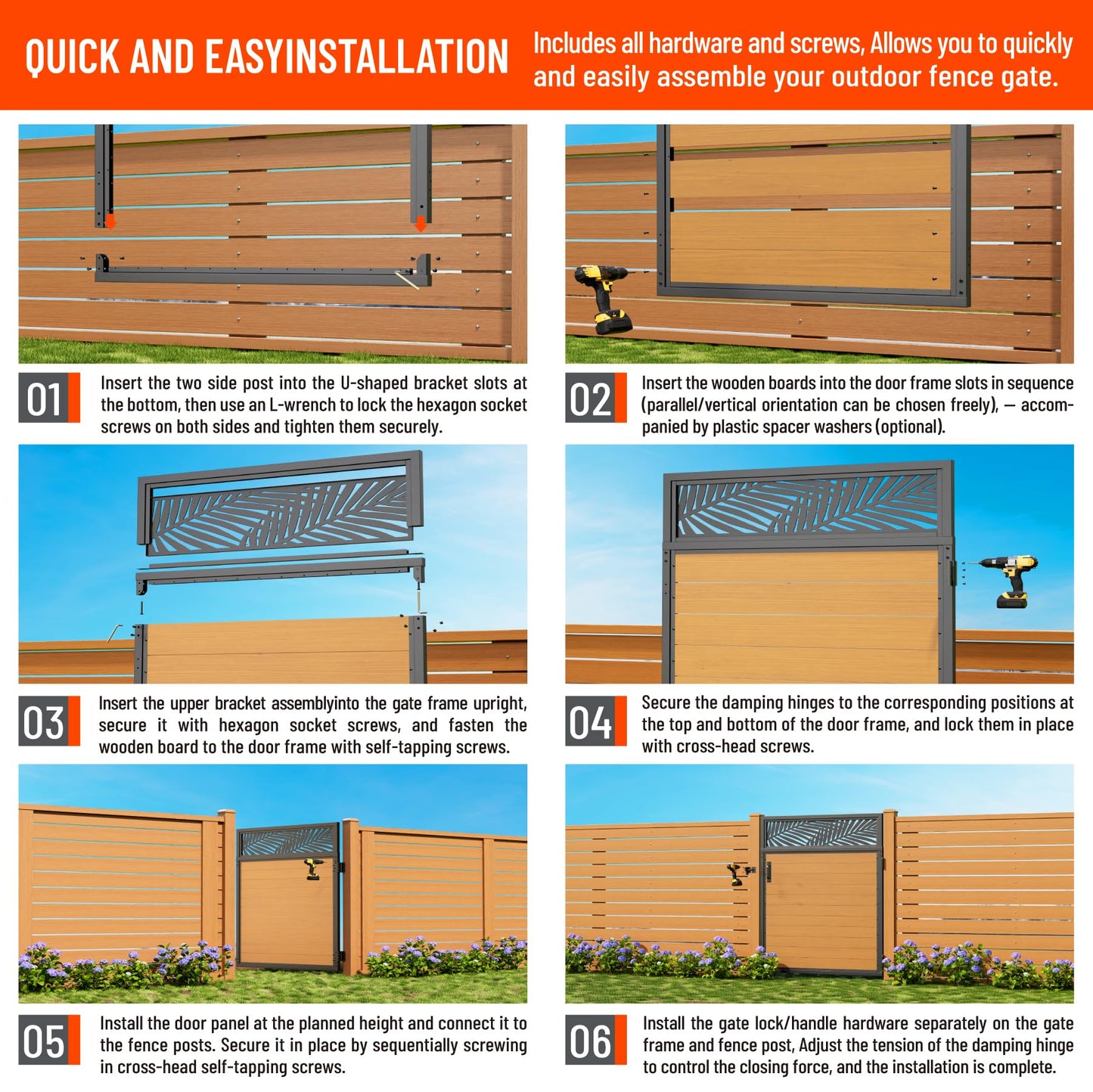 Uphode 4x5FT(46.8" x 59") 201 Stainless Steel Fence Gate Kit Heavy Duty, Anti Sag Metal Fence Gate Frame Kit with Aluminum Board, Morden Garden Gate Hardware Kit Outdoor (Left/Right Free-Installation)