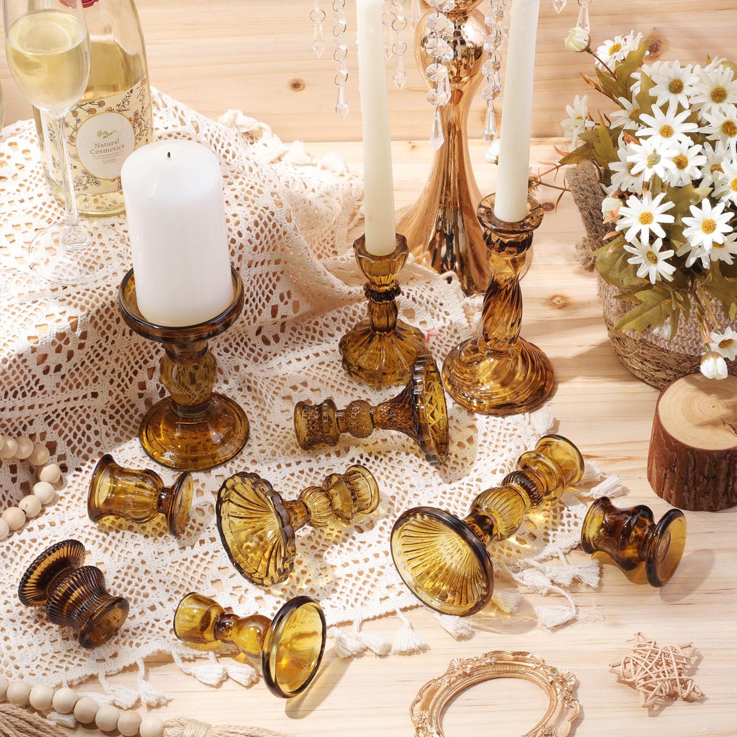 Mumufy 10 Pcs Glass Crystal Taper Candle Holders Clear Glass Candlestick Holder Fit 0.8 Inch Candles Crystal Decorative Candle Stand Centerpiece Table Wedding Dining Party (Classic,Brown)
