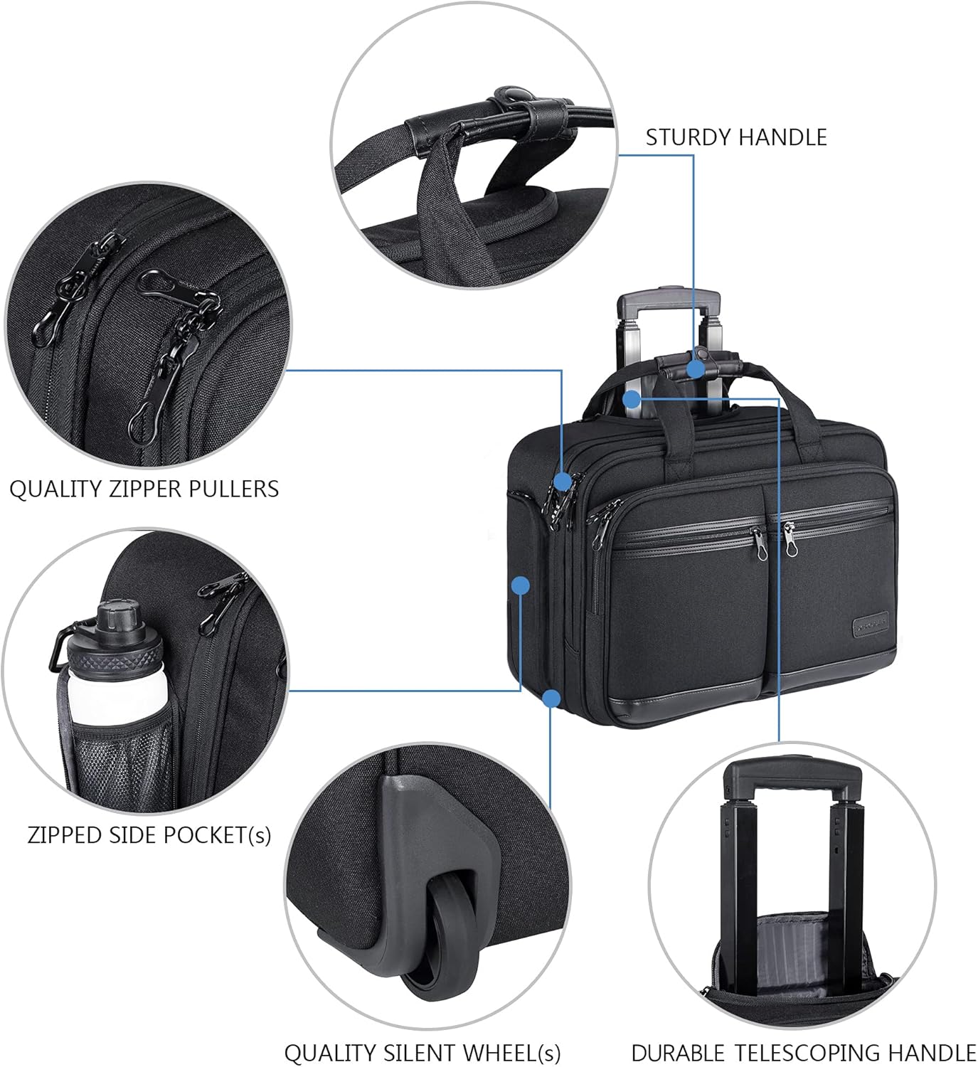 KROSER Rolling Premium Briefcase Fits Up to 17.3 Inch Laptop Water-Repellent Overnight Computer Bag with RFID Pockets for Travel/Business/School/Men/Women-Black