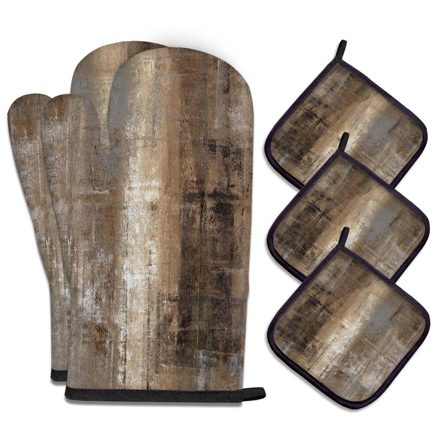 MCALK 5 Pcs Brown Oven Mitts and Pot Holders Sets, Dark Brown Oven Gloves and Hot Pads for Kitchen Cooking, Abstract Modern Art Oven Mitt Potholder is Both Functional and Decorative