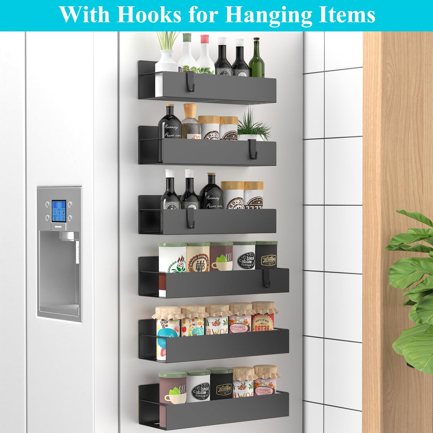 Metal 4 Pack Magnetic Spice Storage Rack Organizer for Refrigerator and Oven, Black Fridge Organizers and Storage