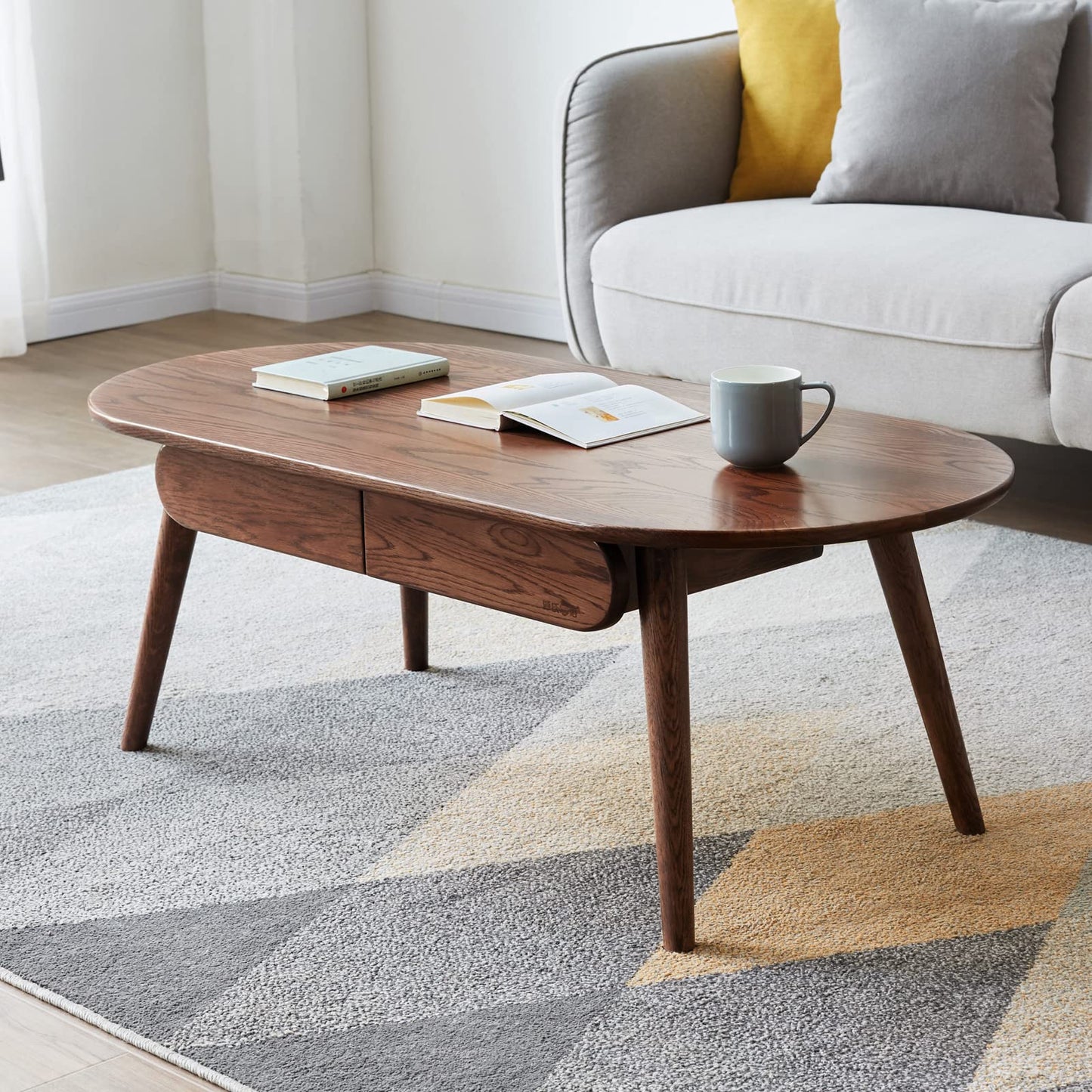 Christopher Knight Home Minta Modern Medium Size Low Wooden Coffee Table, Oval Top Living Room End Table with Drawer, Home Office Writing Desk, Multifunctional Sofa Table, Natural Walnut Brown