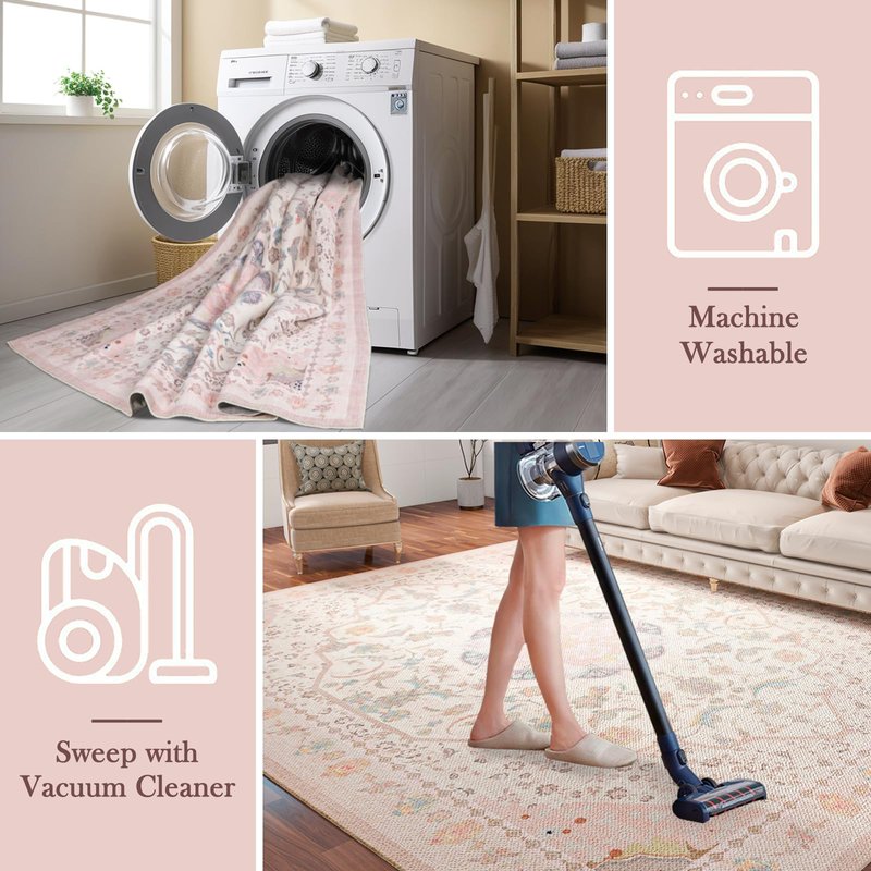 auruge Area Rug - Vintage 3x5 Non-Slip Backing Area Rugs Light Pink Soft Faux Wool Carpet Foldable & Machine Washable Rugs for Living Room Bedroom Dining Room Nursery Home Office