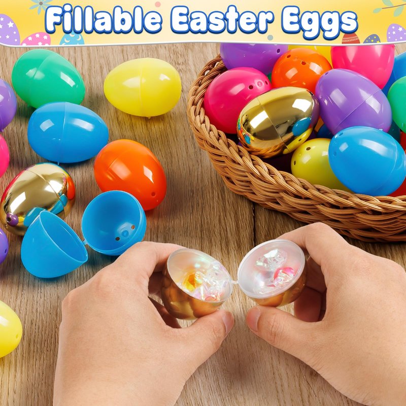 Jumlys 50 PCS 2.4" Plastic Easter Eggs, 42 PCS Empty Easter Eggs Bulk with 8 Golden Eggs, Fillable Eggs with Hinge, Perfect for Easter Hunt, Basket Stuffers Fillers and Easter Theme Party Favors