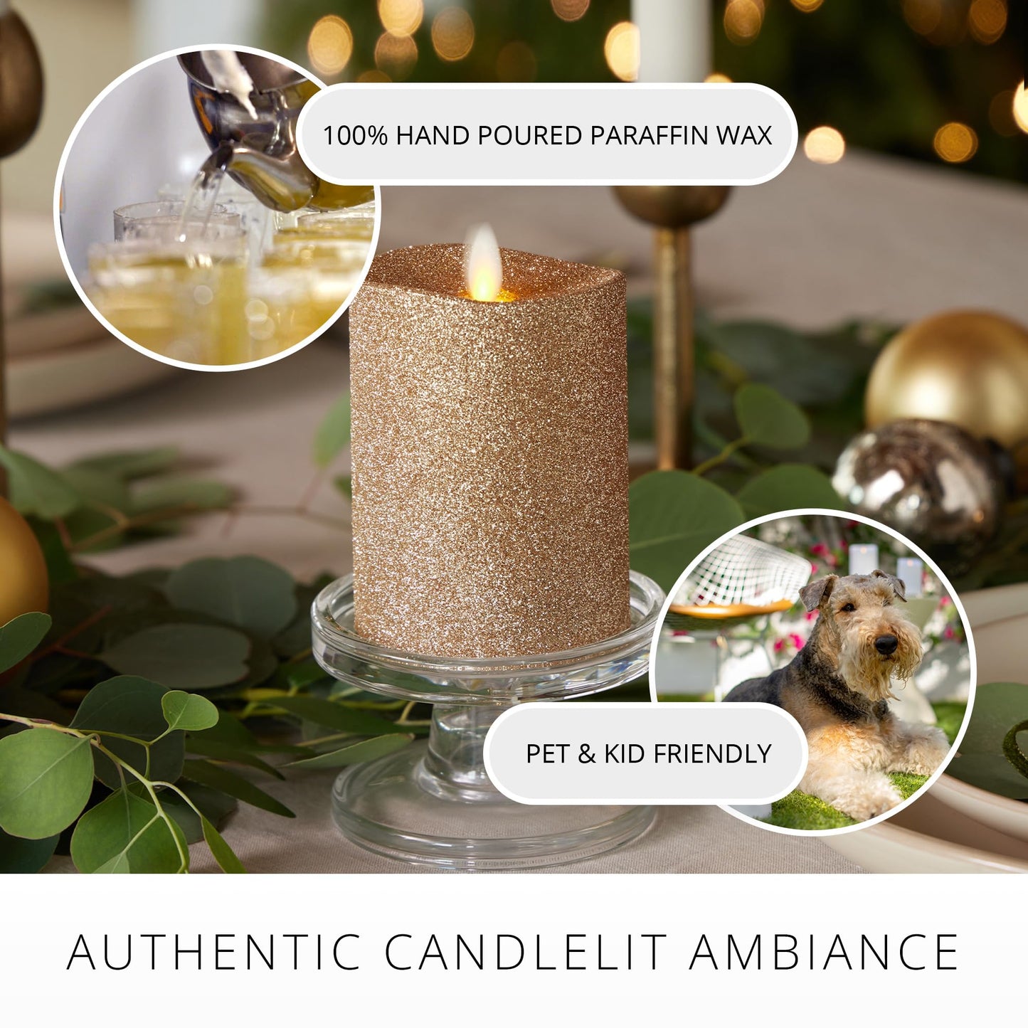 Luminara Realistic LED Moving Flame Pillar Candle, Gold Metallic Glitter, 3" x 4.5" Inch, Battery Operated w/Remote, Indoor Outdoor, Timer Function
