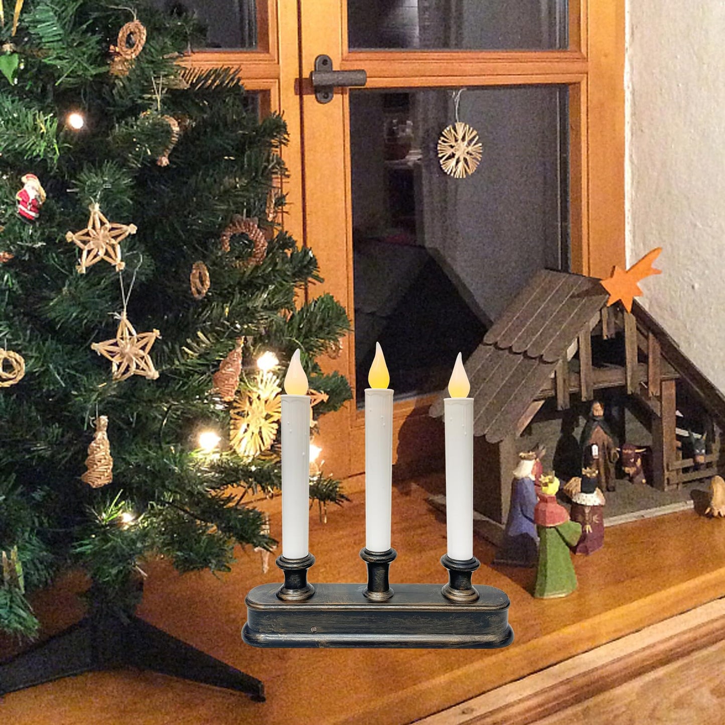 Christmas Window Candle - 3 Light Battery Operated LED Window Candelabra with Dusk to Dawn Light Sensor, Flicker Flameless Candle Lamps for Home Table Party Christmas Decoration, Bronze Base