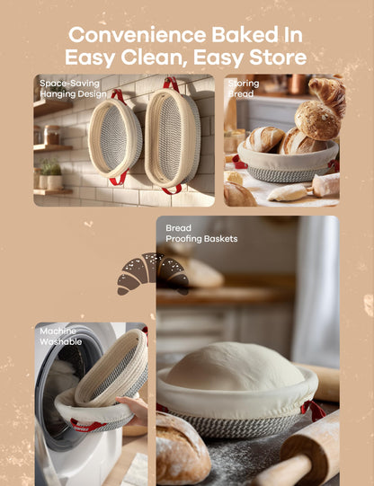 Ganiza Sourdough Starter Kit, Cotton Rope Sourdough Bread Baking Supplies, 9'' Round & 10'' Oval Banneton Basket with Liners & Covers, Sourdough Proofing Basket Kit Gifts for Bakers Women Wife Mom