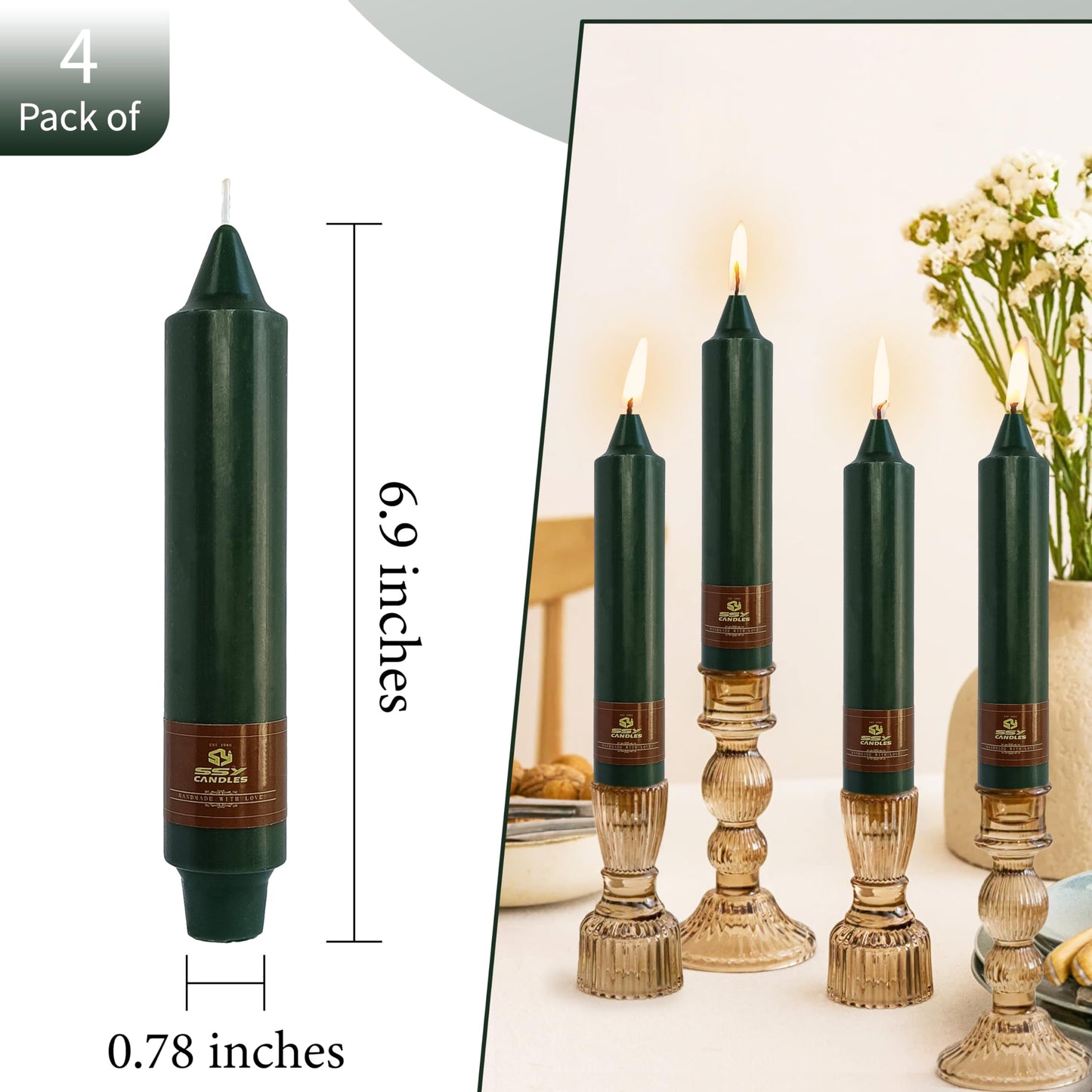 Unscented Candle Sticks 7 inch Hunter Green Taper Candles Set of 4 Smokeless Candle Slow Burning Candlesticks Perfect as Dinner Household Holiday & All Special Occasions