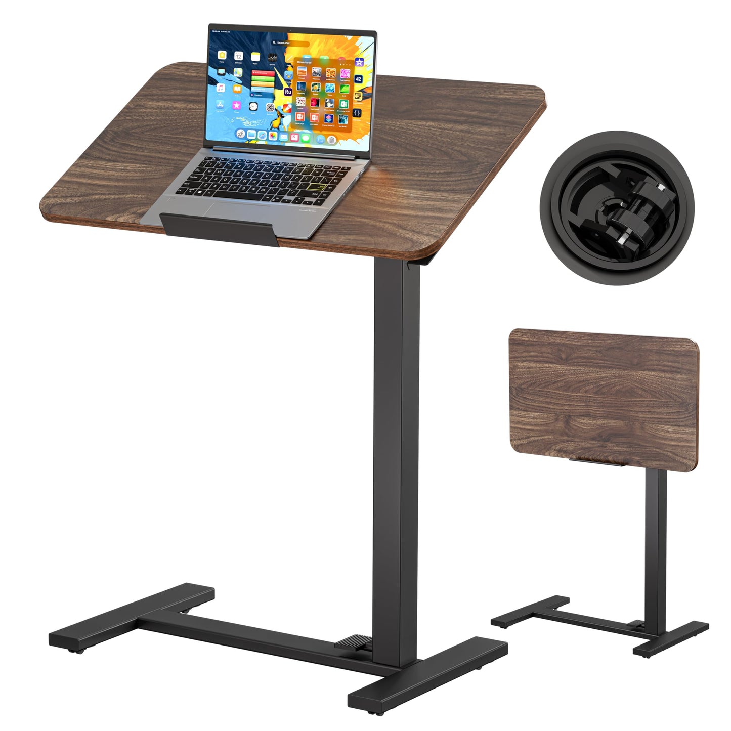 BIZUM Mobile Standing Desk Laptop Desk Pneumatic with Wheels 180° Tilt Top Hospital Bed Table Portable Rolling Cart Foldable Bedside Table for Hospital&Home Use, Walnut