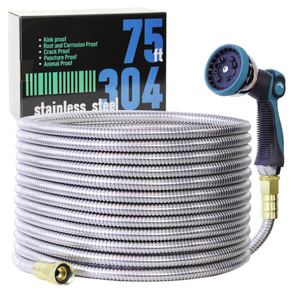 75FT Garden Hose, 304 Stainless Steel Water Hose, Flexible with a 10-Mode Nozzle Sprayer, No Kink, Lightweight, Puncture Proof, Ideal for Yard, Lawn, Outdoor, 5/8'' Outside Diameter