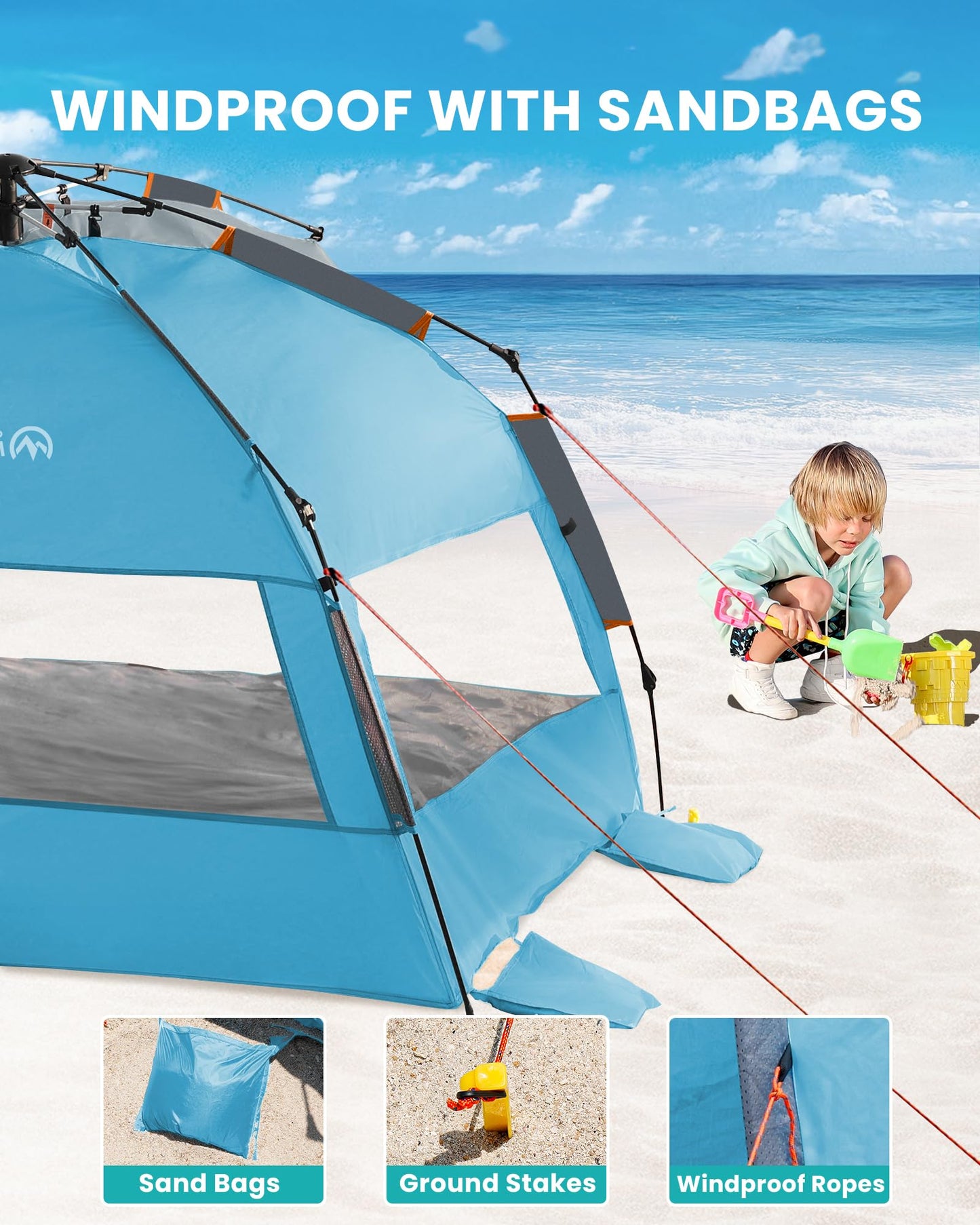 OutdoorMaster Pop Up Beach Tent for 4 Person - Easy Setup and Portable Beach Shade Sun Shelter Canopy with UPF 50+ UV Protection Removable Skylight Family Size - Ocracoke Coast