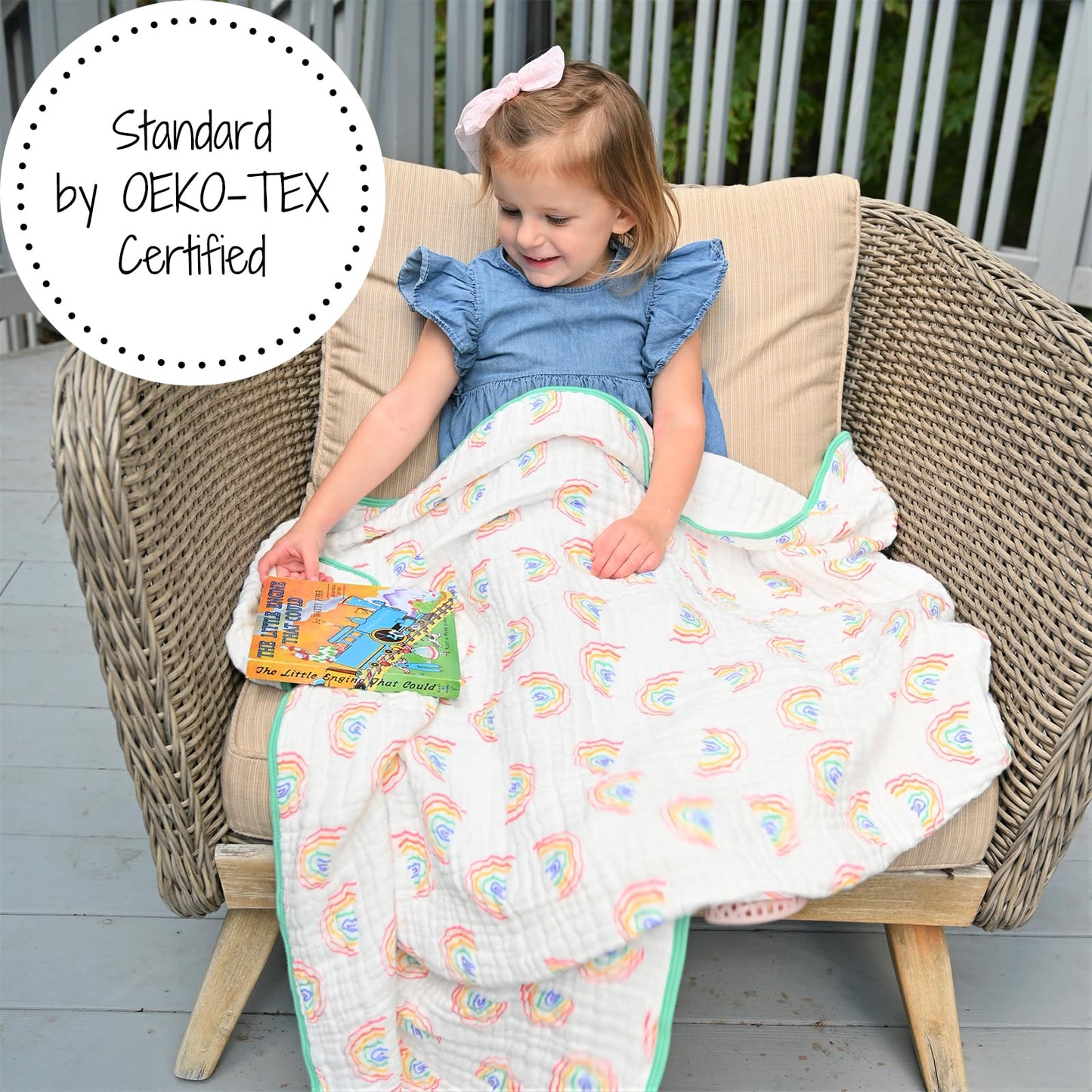 LollyBanks Muslin Baby Blanket, 100% Cotton Lightweight Muslin Quilt, 47 x 47 Inches 6 Layers Baby Blanket for Boys and Girls, Soft and Breathable Baby Quilt, Baby Essentials (Rainbow Print)