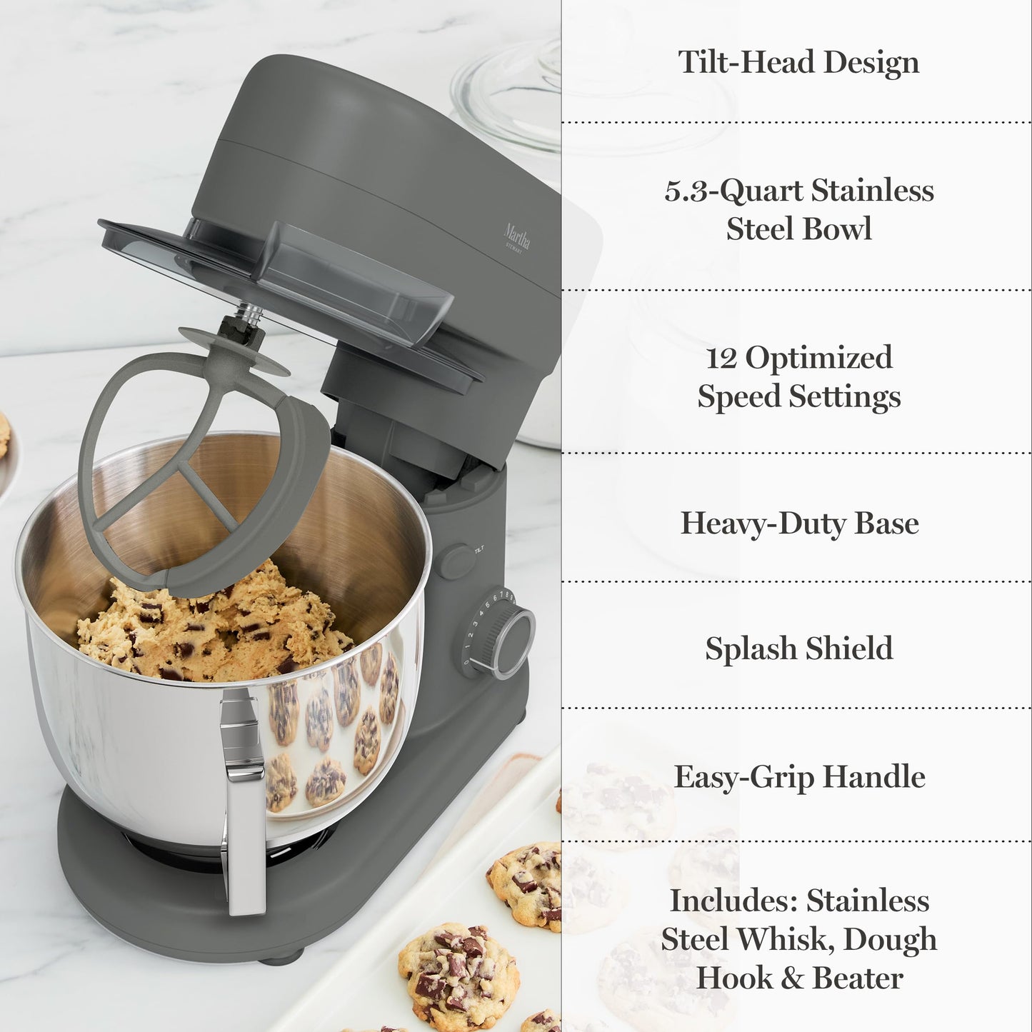 Martha Stewart 5.3Qt Stand Mixer, 12-Speed Tilt-Head Electric Kitchen Mixer with Stainless Steel Bowl, Dough Hook, Whisk & Beater, Splash Guard, Ideal for Baking Bread, Cake & Whipping, Caviar Gray