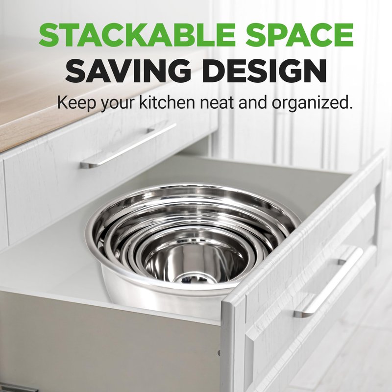 NutriChef 10 Piece Stainless Steel Mixing Bowls with Lids Set, Dishwasher Safe, 5 Stackable Nesting Bowls and 5 BPA-Free Lids for Kitchen, Cooking, Food Storage, Meal Prepping, Mixing & Serving