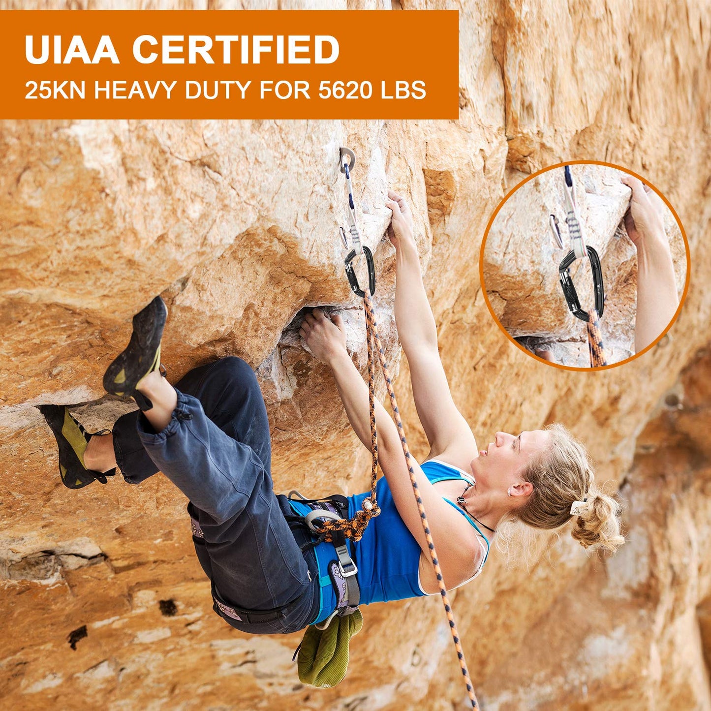 Favofit Heavy Duty Locking Climbing Carabiner 25KN UIAA Certified Safety Carabiner Clip for Arborist - 3.9'' Large Rock Climbing Hook for Hammock Rappelling Hunting