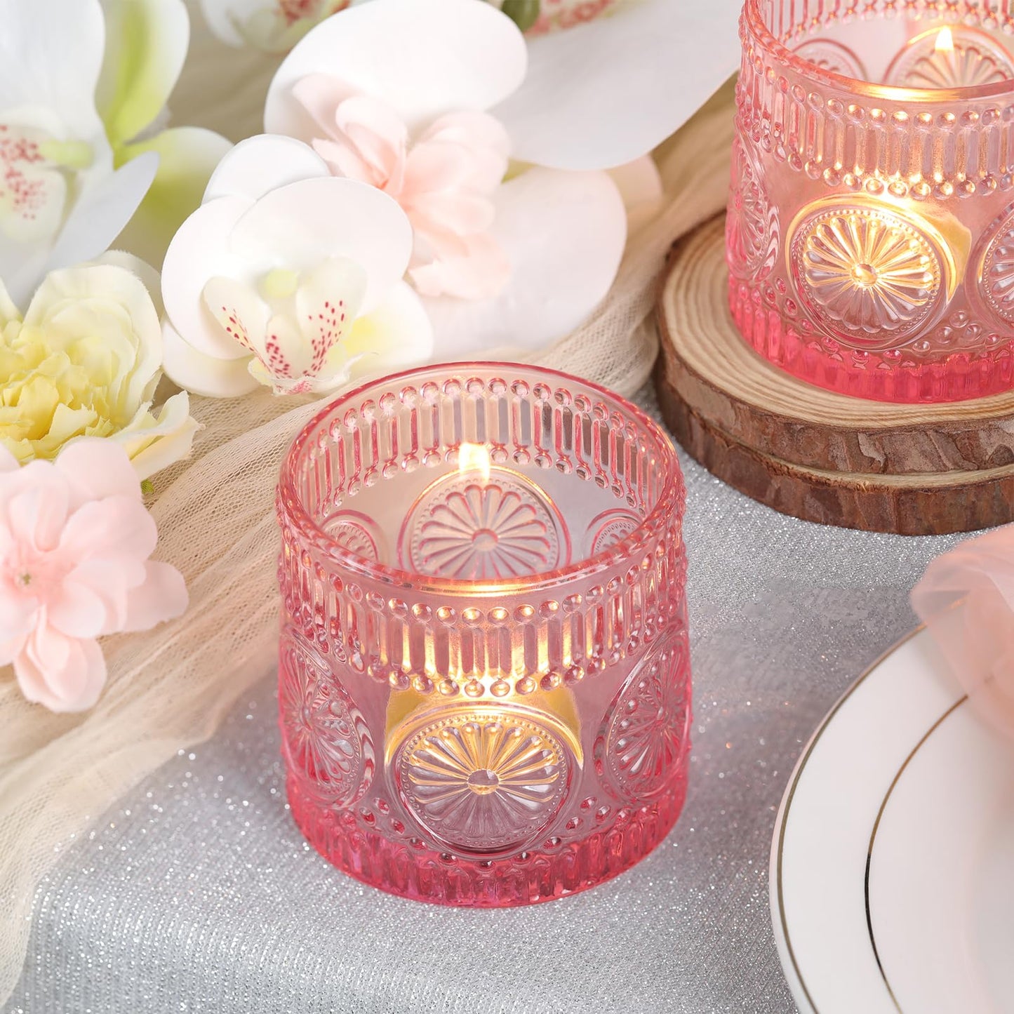 Sunnyfuture 6Pcs Large Votive Candle Holders Pink Glass Tealight Candle Holders for Wedding, Table Centerpiece, Party, Birthday, Home Decor
