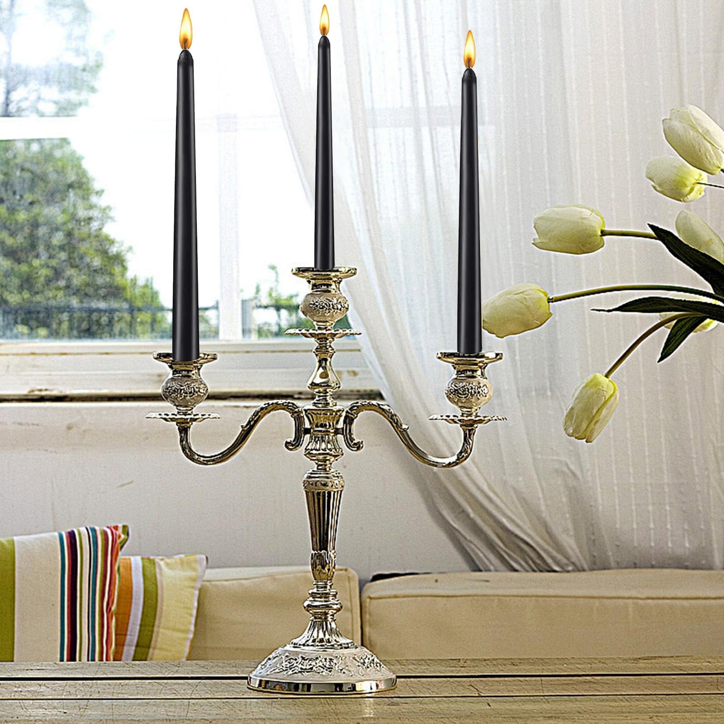 10 inch Black Taper Candles Set of 4 Tapered Candle, Tall Candlesticks,Dripless and Smokeless,Home Dinner Candl, Party, Wedding, Halloween, Christmas(9.9 inch, Black)