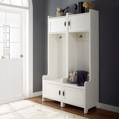 Crosley Furniture Fremont 2-Piece Hall Tree Entryway Set with Storage Cabinets and Coat Rack Hooks, Distressed White