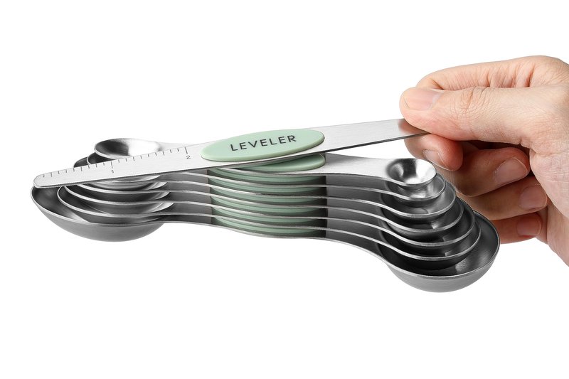 Spring Chef Magnetic Measuring Spoons Set, Dual Sided, Stainless Steel, Fits in Spice Jars, Pistachio, Set of 8, 2 Pack
