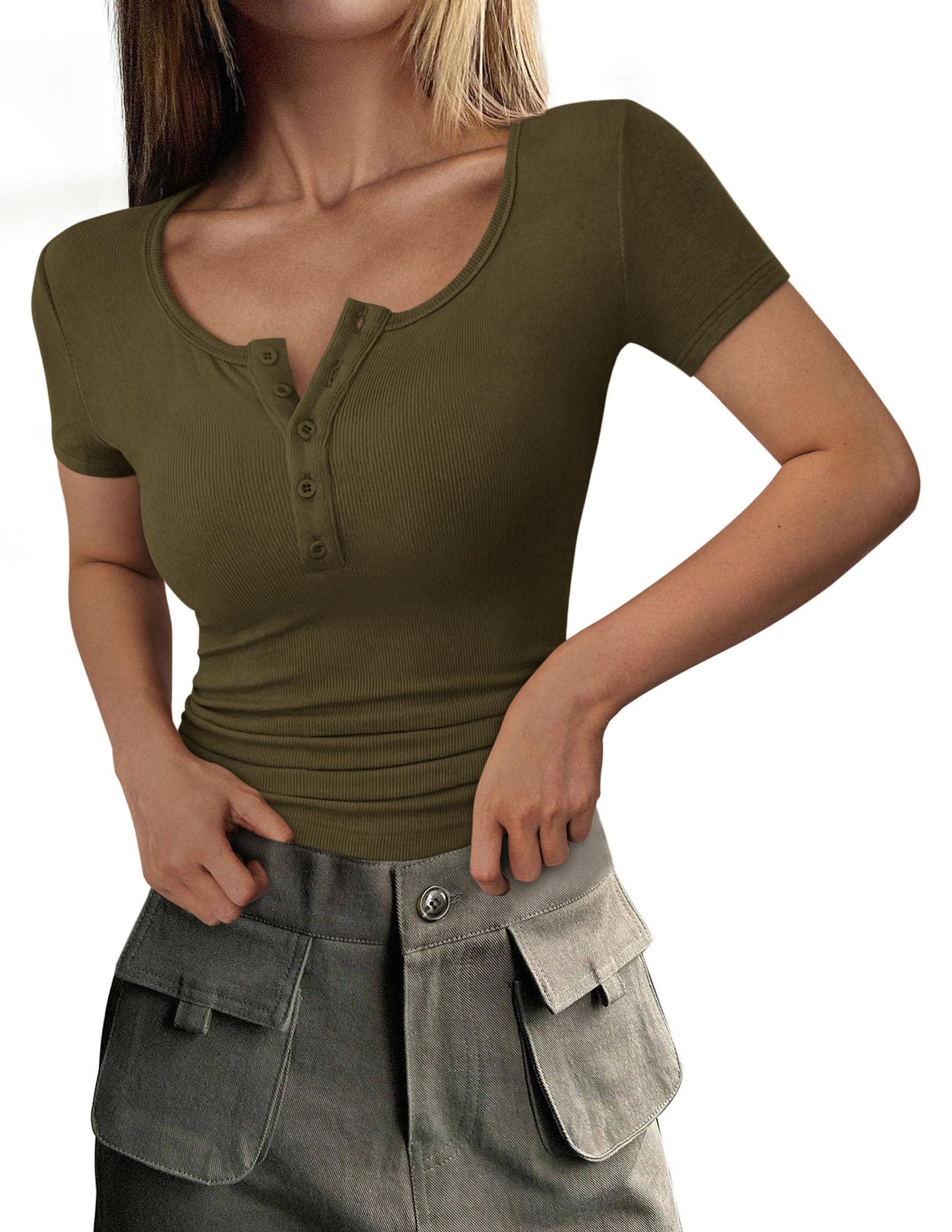 PRETTYGARDEN Women's 2025 Fall Summer Short Sleeve Tops Ribbed Henley Button Slim Fit Basic Casual T Shirts Blouse Clothing (Army Green,X-Small)