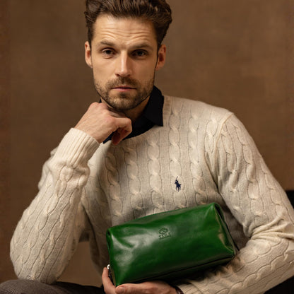 Time Resistance Leather Toiletry Bag - Italian Cosmetic Case Dopp Kit (Green)