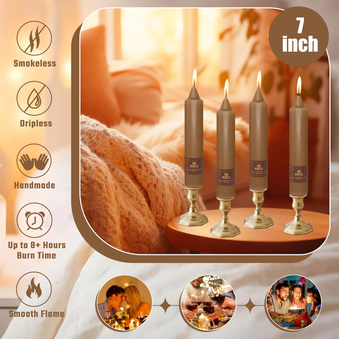 4 PCS Short Taper Candles Brown Candle Tapers Candle Sticks 7 inch for Dinner Household Wedding Party Home Décor Candles
