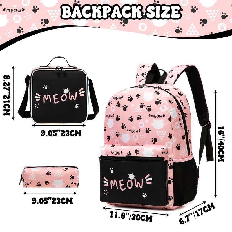 Backpack for School Kids Backpacks for Girls Bookbag Set Backpacks for Teen Girls with Lunch Box Pink Cat Preppy Backpack for School