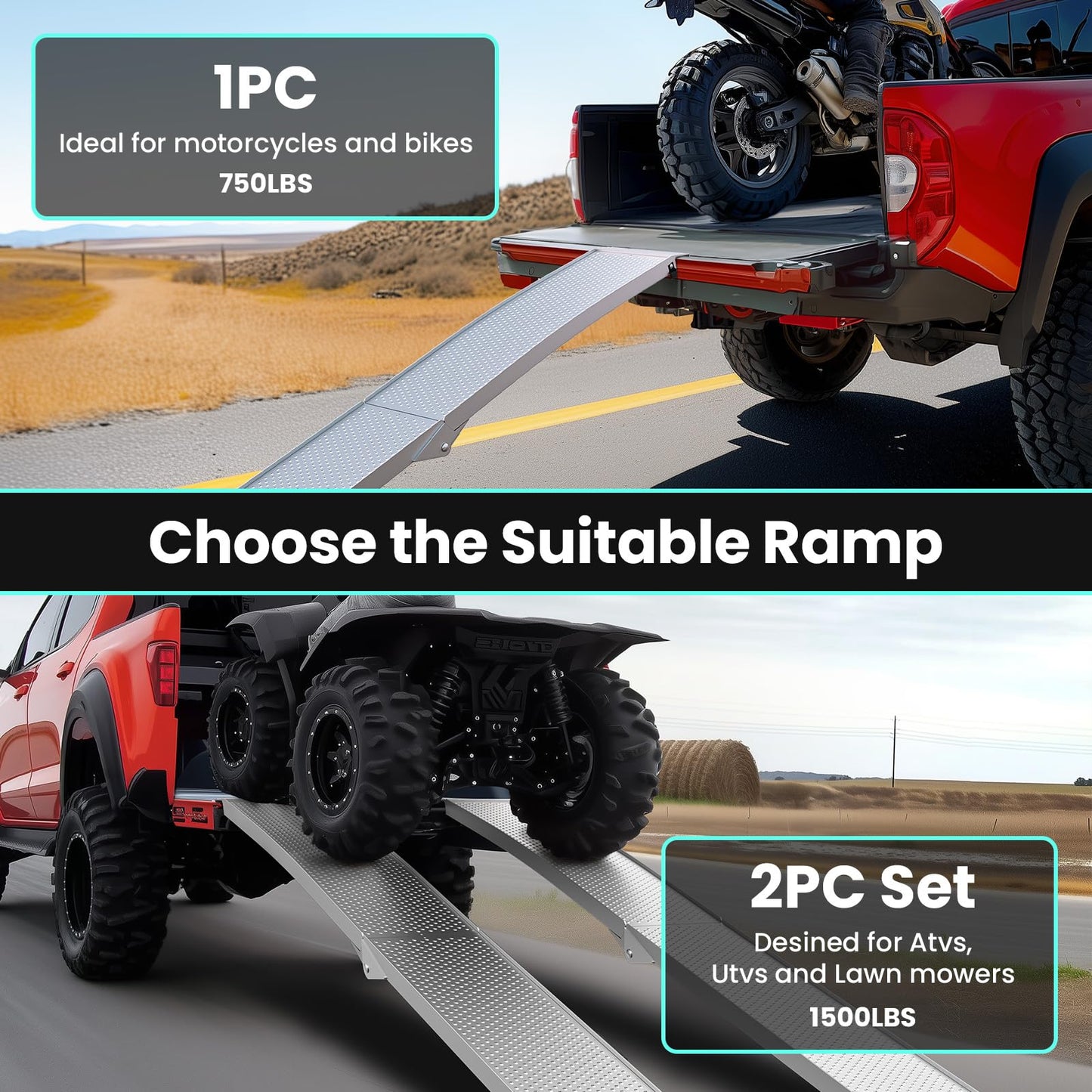 KOLOTOOL 7.5FT Aluminum Truck Ramps, 1500lbs Capacity Folding Loading Ramps, 2 PCS Heavy Duty ATV Ramps for Pickup Trucks, Trailers, Mowers, UTV & Motorcycles, with Load Straps and Carry Handle